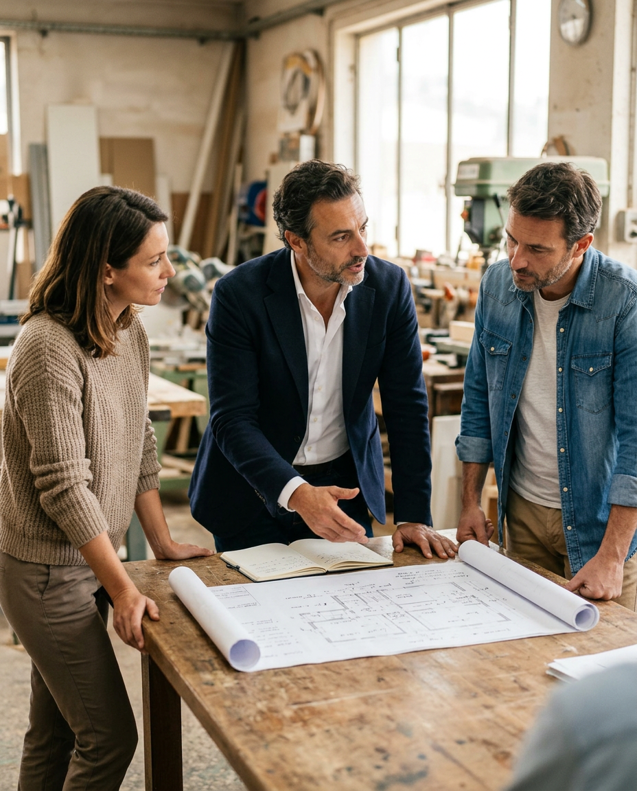 Thomas Rey travaillant avec les dirigeants d'une PME autour d'un tableau de projet